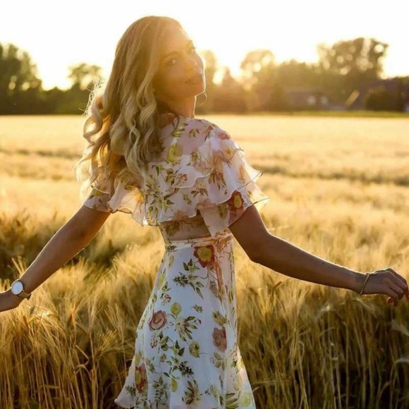 Zara Cream Fall floral chiffon ruffle wrap dress Fairycore Boho western feminine - Picture 6 of 16